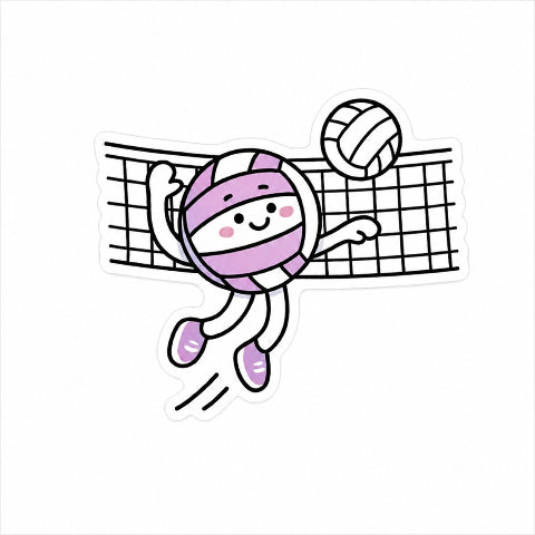 A die-cut cartoon sticker featuring a cute volleyball character in a purple and white striped outfit jumping over a black-and-white net, with a volleyball above. The sticker is shown on a plain white background.