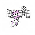A die-cut cartoon sticker featuring a cute volleyball character in a purple and white striped outfit jumping over a black-and-white net, with a volleyball above. The sticker is shown on a plain white background.