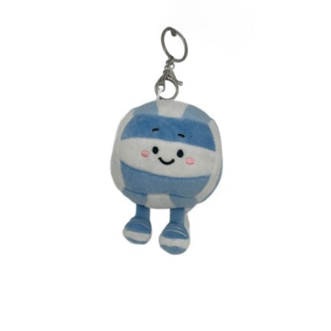 A blue and white striped plush ball keychain with a cute embroidered face and small legs, attached to a silver metal clasp on a plain white background.