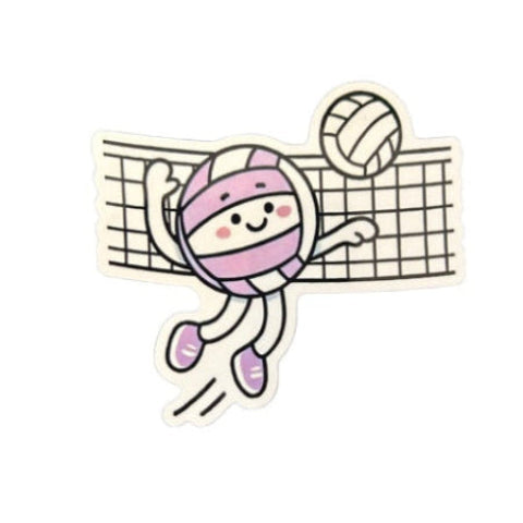 A die-cut cartoon sticker of a cute volleyball-themed character in a pink and white headband jumping over a black-and-white net, with a volleyball above. The sticker has a white border and is shown on a plain white background.
