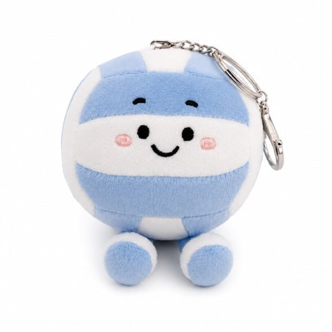 Plush keychain with a blue and white striped design on a white background