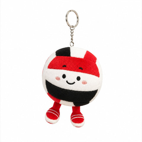 A plush keychain shaped like a round character with a red, white, and black striped design, a smiling face, and small red-and-white striped feet, attached to a silver metal key ring on a plain white background.
