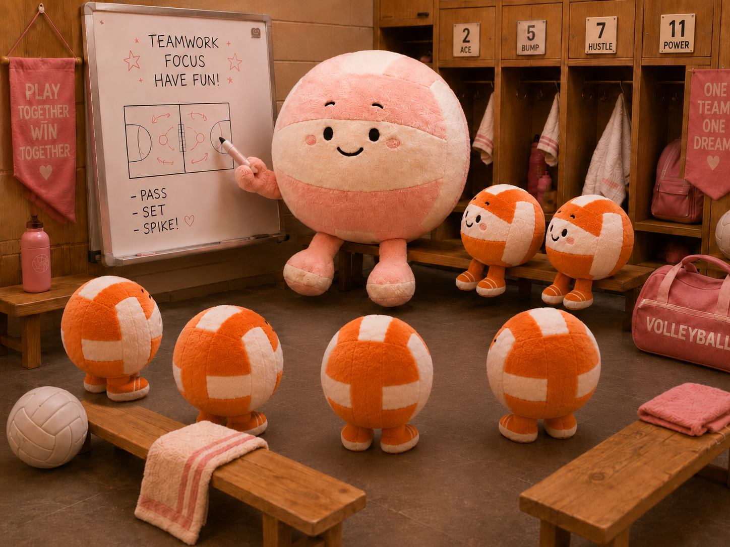 A cozy indoor locker-room scene featuring a large round pink plush mascot standing near a whiteboard, surrounded by smaller orange-and-white volleyball-themed plush figures, lockers, towels, and a pink volleyball bag.
